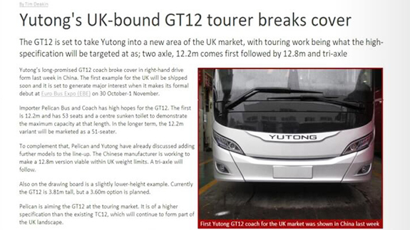 Yutong's UK-bound GT12 tourer breaks cover