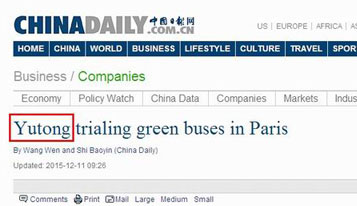 Yutong trialing green buses in Paris